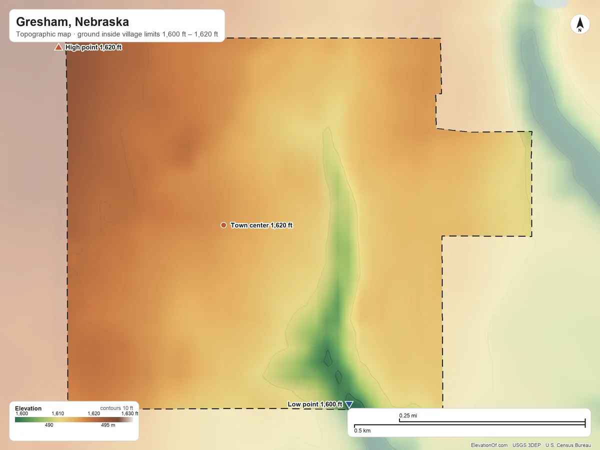Topographic elevation map of Gresham, Nebraska, shaded from 1,600 ft on the southeast side to 1,620 ft on the northwest side
