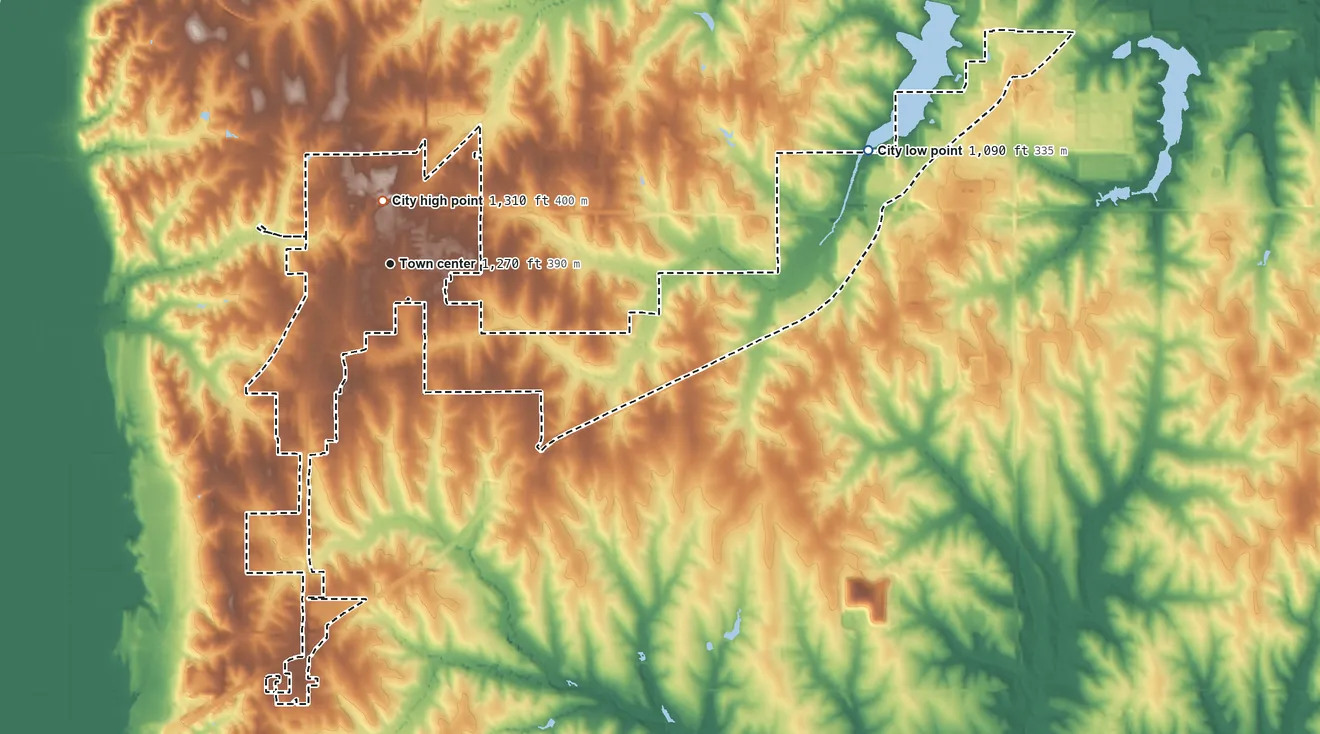 Topographic elevation map of Gretna, Nebraska, shaded from 1,090 ft on the east side to 1,310 ft near the middle