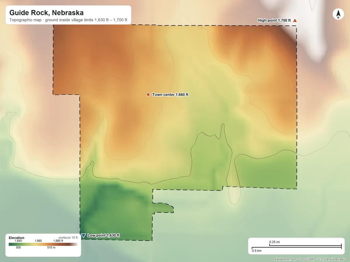 Topographic elevation map of Guide Rock, Nebraska, shaded from 1,630 ft on the southwest side to 1,700 ft on the northeast side
