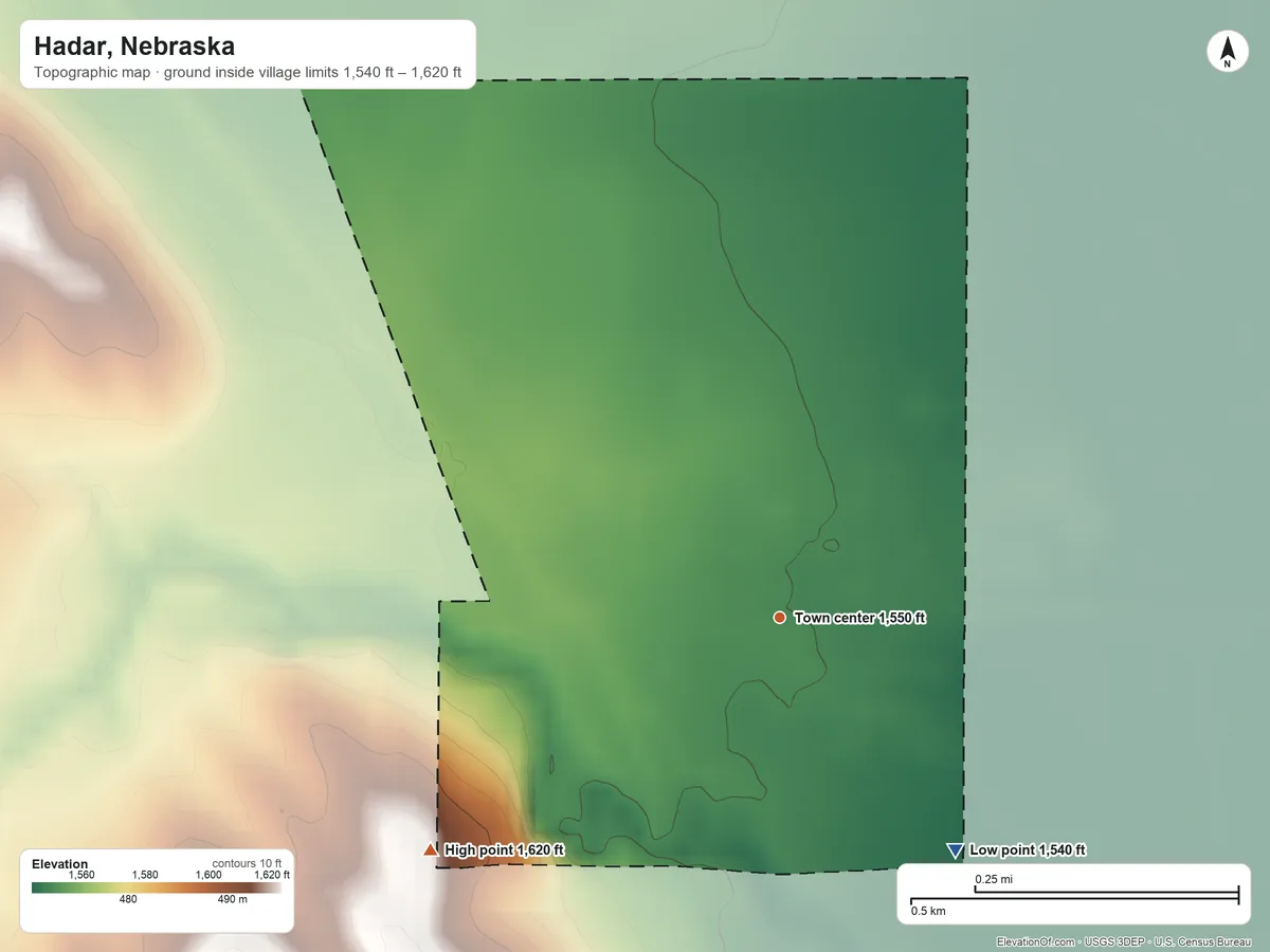 Topographic elevation map of Hadar, Nebraska, shaded from 1,540 ft on the southeast side to 1,620 ft on the southwest side