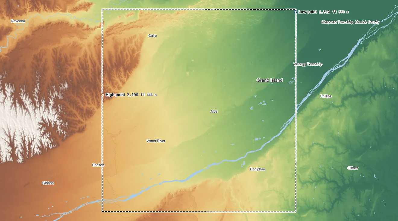 Topographic elevation map of Hall County, Nebraska, shaded from 1,810 ft on the northeast side to 2,190 ft on the west side