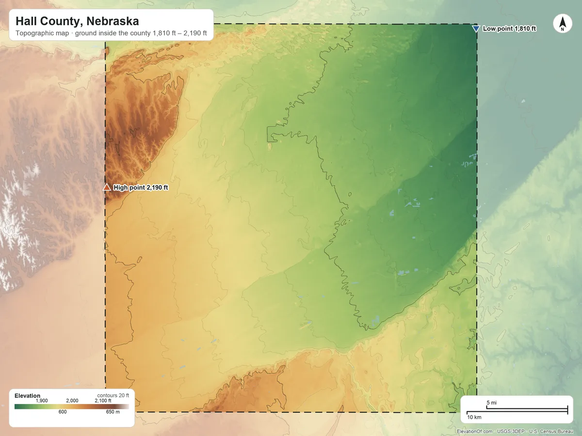 Topographic elevation map of Hall County, Nebraska, shaded from 1,810 ft on the northeast side to 2,190 ft on the west side
