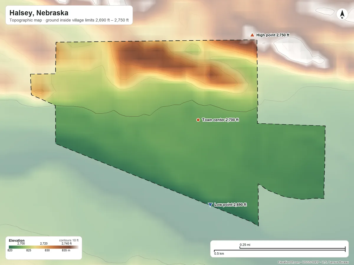 Topographic elevation map of Halsey, Nebraska, shaded from 2,690 ft on the south side to 2,750 ft on the northeast side