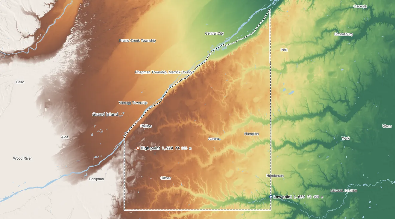 Topographic elevation map of Hamilton County, Nebraska, shaded from 1,630 ft on the southeast side to 1,920 ft on the southwest side
