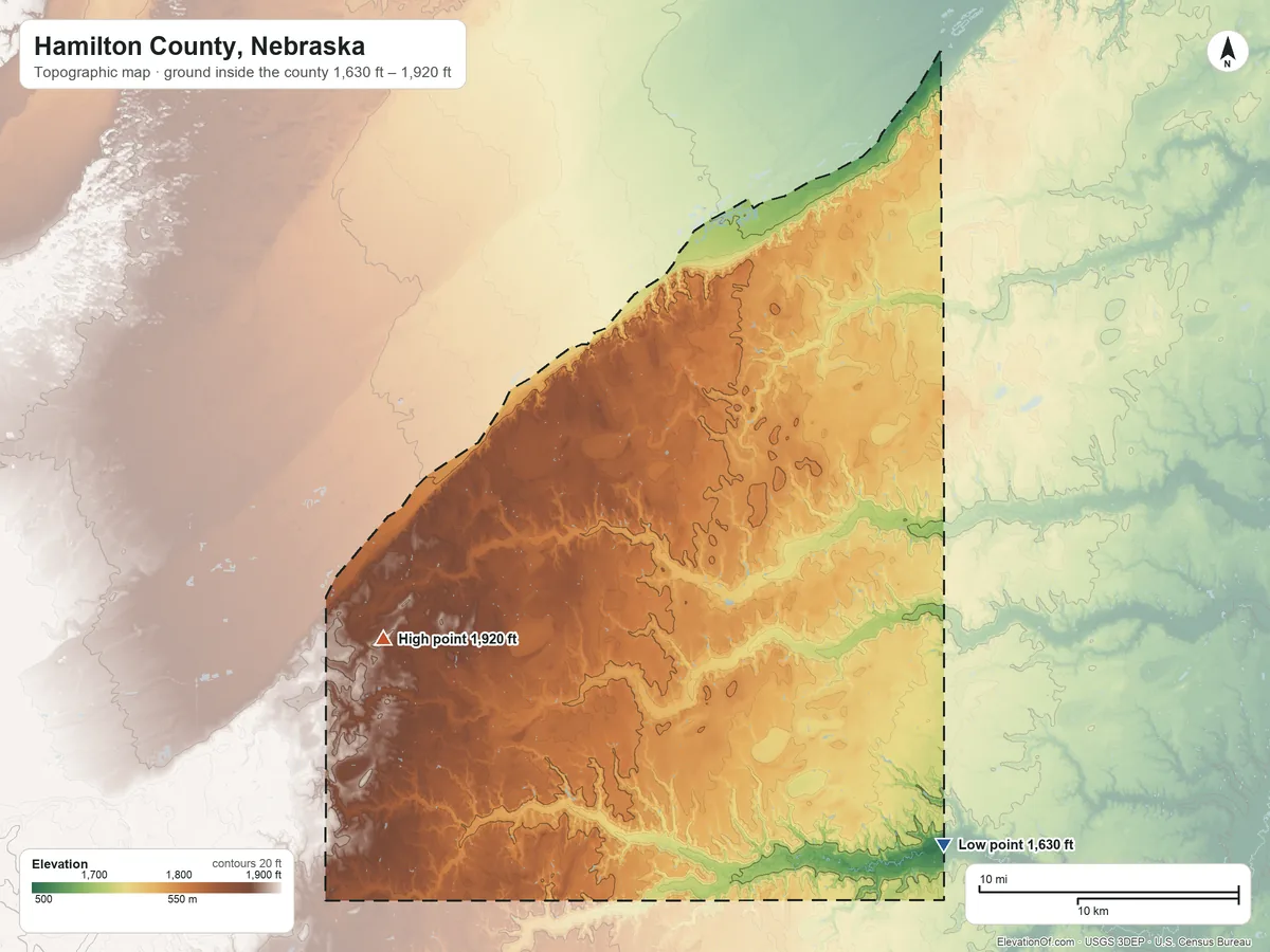 Topographic elevation map of Hamilton County, Nebraska, shaded from 1,630 ft on the southeast side to 1,920 ft on the southwest side