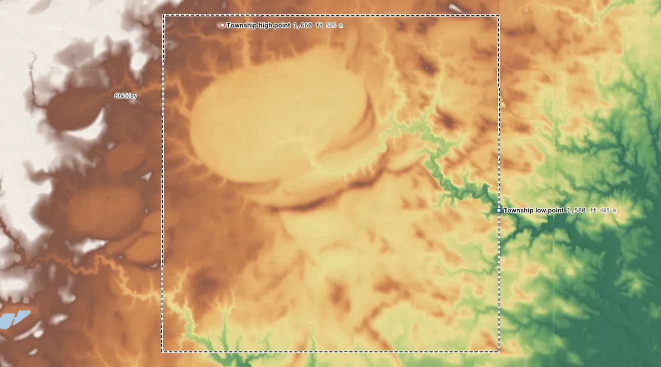 Topographic elevation map of Hamilton Township, Nebraska, shaded from 1,580 ft on the east side to 1,660 ft on the northwest side