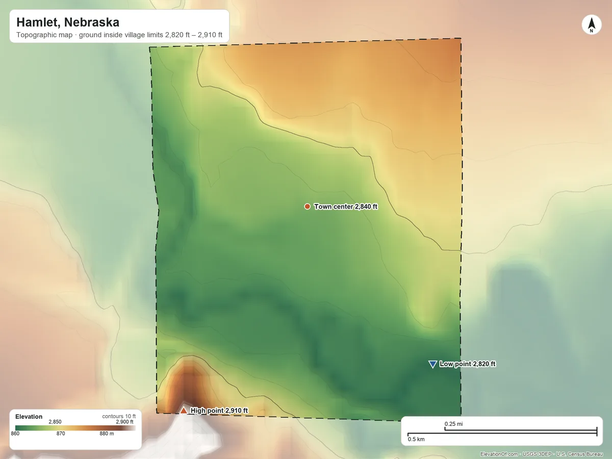 Topographic elevation map of Hamlet, Nebraska, shaded from 2,820 ft on the southeast side to 2,910 ft on the southwest side