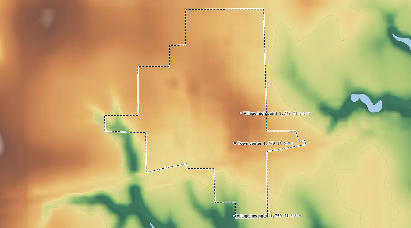 Topographic elevation map of Hampton, Nebraska, shaded from 1,750 ft on the south side to 1,770 ft on the north side