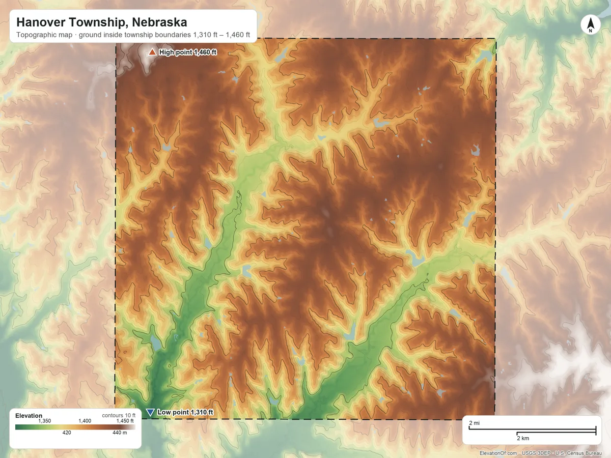 Topographic elevation map of Hanover Township, Nebraska, shaded from 1,310 ft on the southwest side to 1,460 ft on the northwest side
