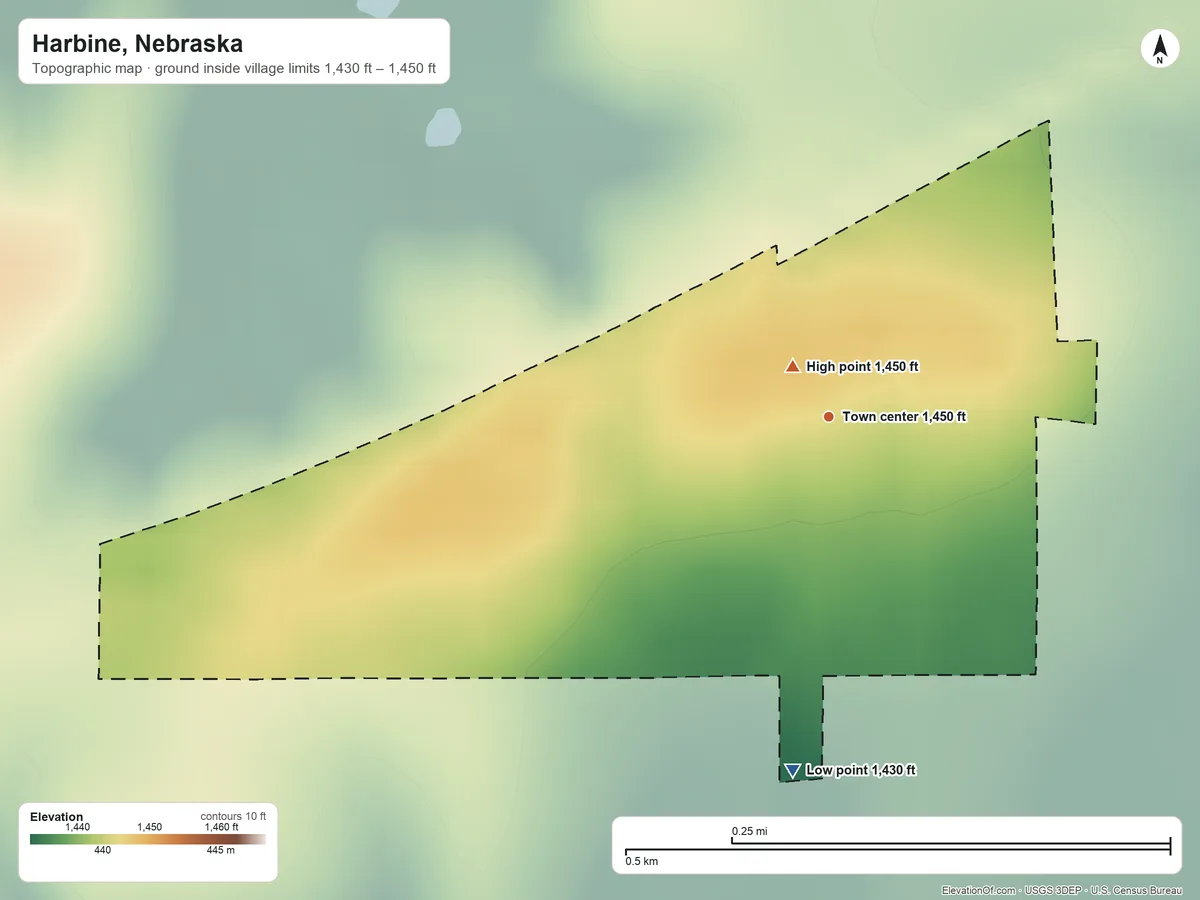 Topographic elevation map of Harbine, Nebraska, shaded from 1,430 ft on the south side to 1,450 ft near the middle