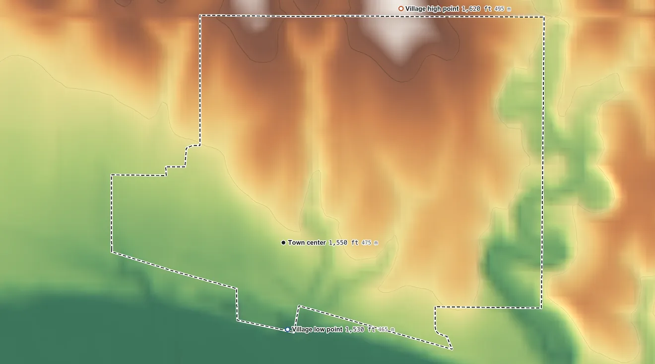 Topographic elevation map of Hardy, Nebraska, shaded from 1,530 ft on the south side to 1,620 ft on the northeast side