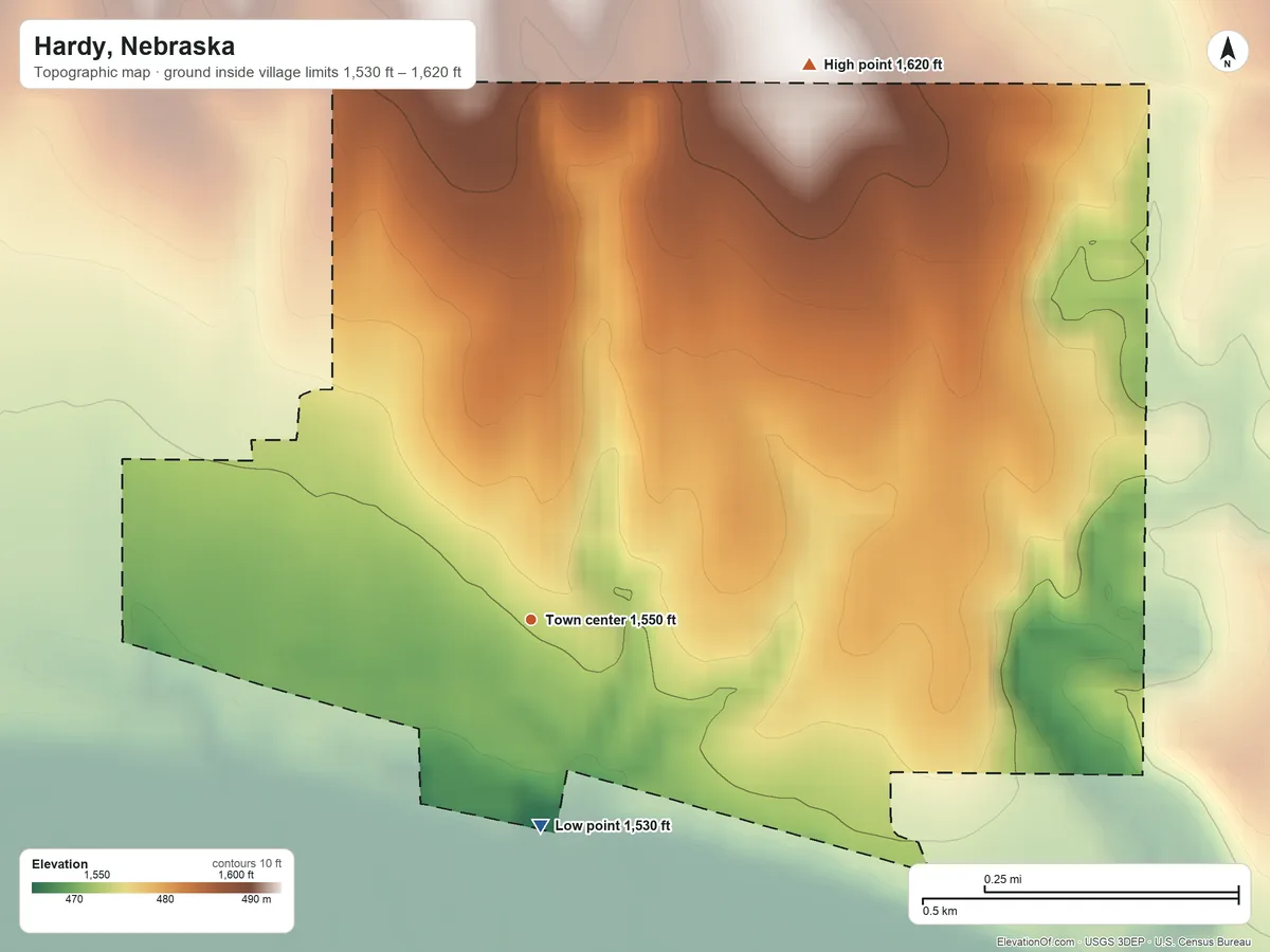 Topographic elevation map of Hardy, Nebraska, shaded from 1,530 ft on the south side to 1,620 ft on the northeast side