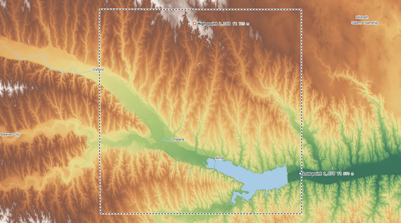 Topographic elevation map of Harlan County, Nebraska, shaded from 1,870 ft on the southeast side to 2,380 ft on the north side