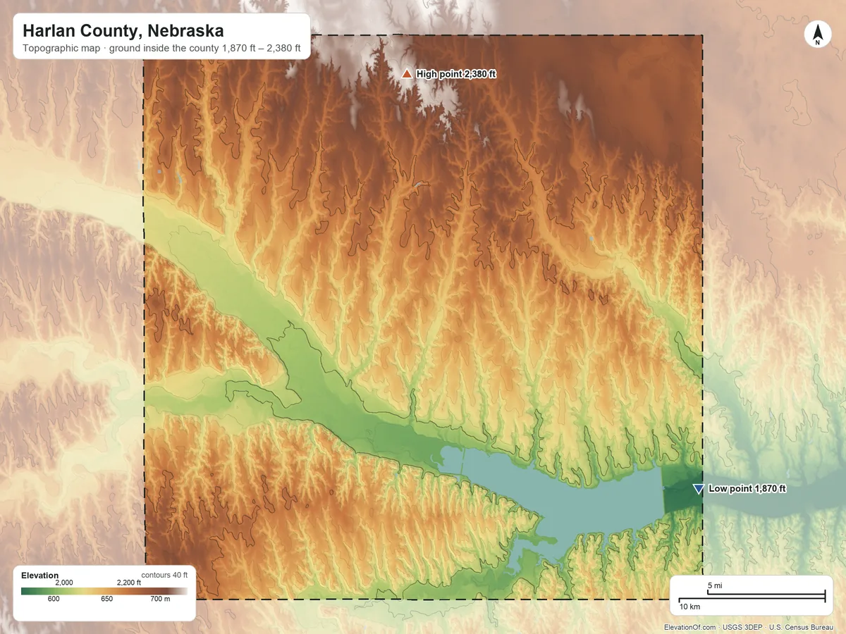 Topographic elevation map of Harlan County, Nebraska, shaded from 1,870 ft on the southeast side to 2,380 ft on the north side