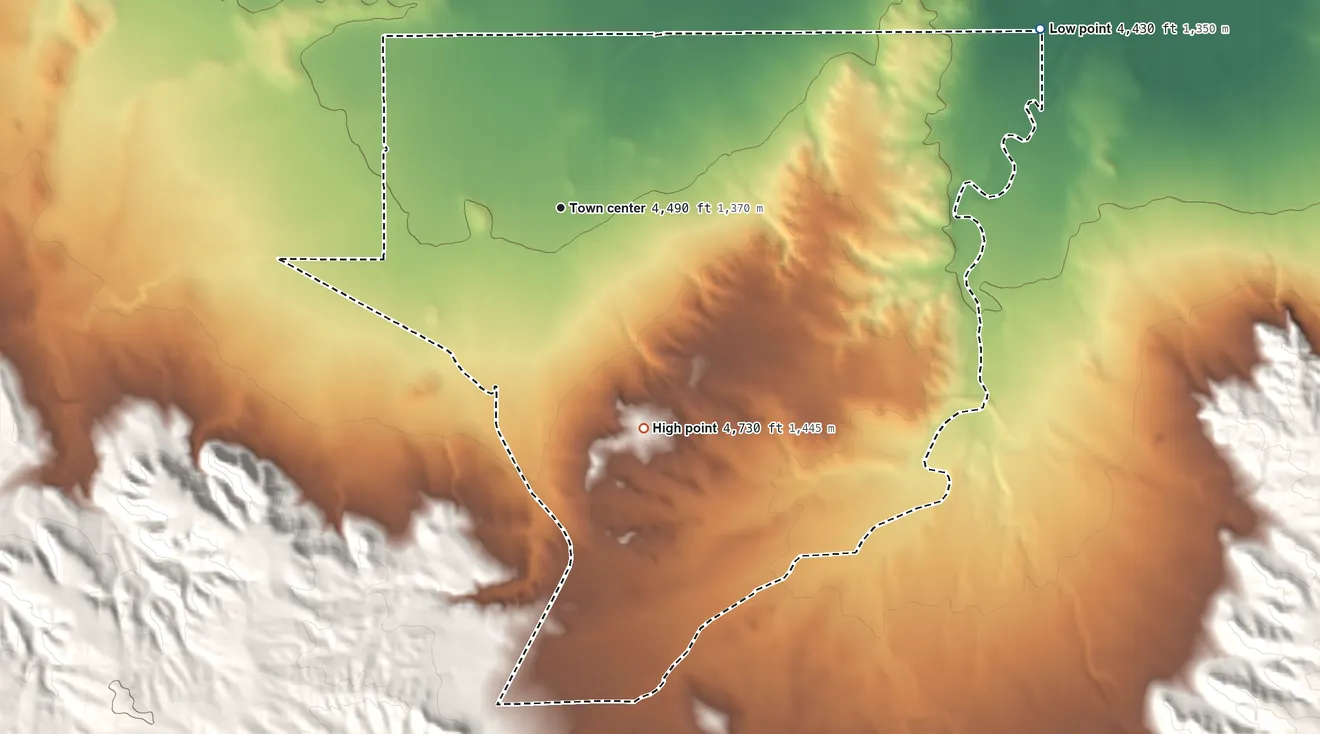 Topographic elevation map of Harrisburg, Nebraska, shaded from 4,430 ft on the east side to 4,730 ft on the south side