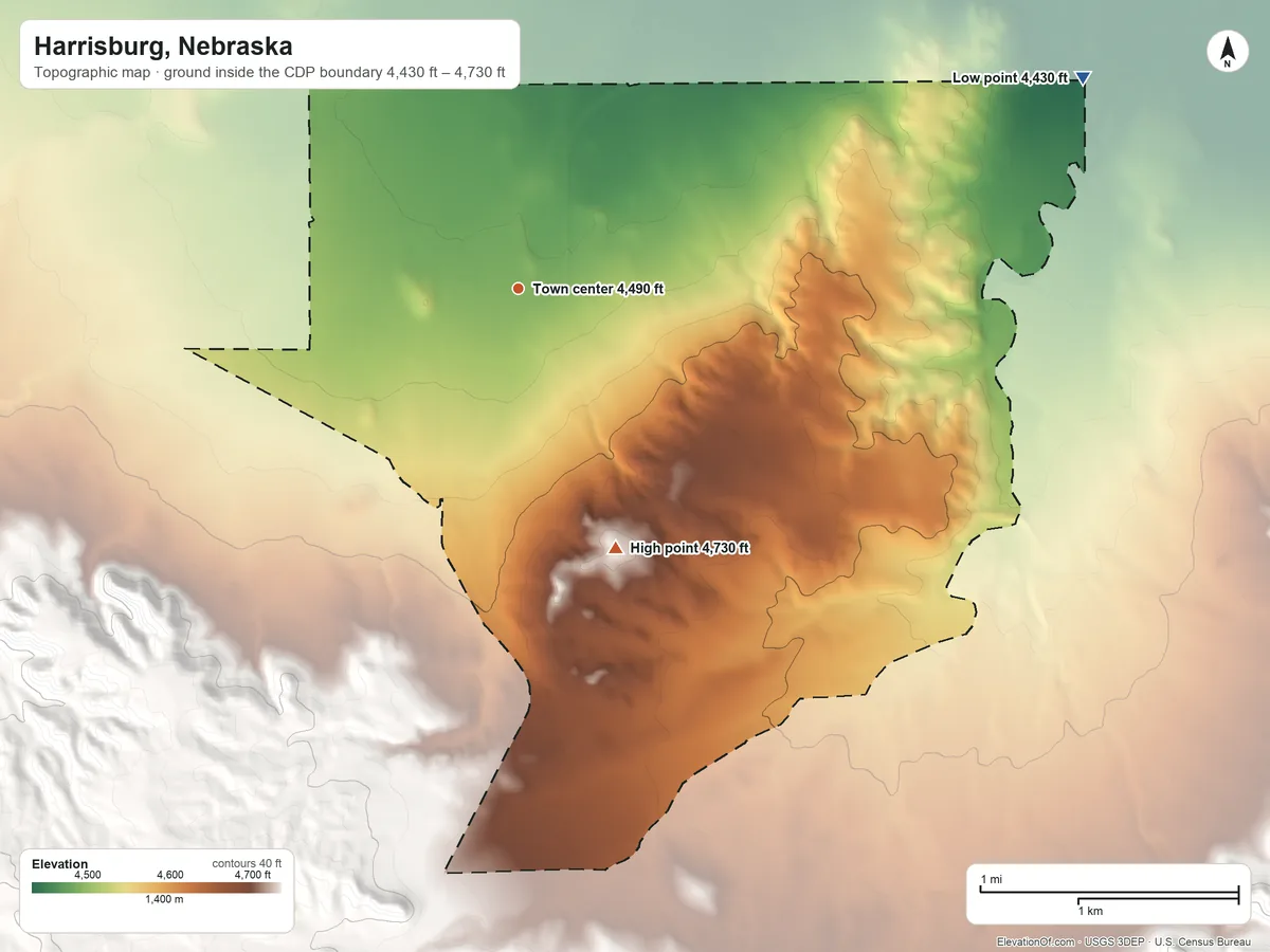 Topographic elevation map of Harrisburg, Nebraska, shaded from 4,430 ft on the east side to 4,730 ft on the south side