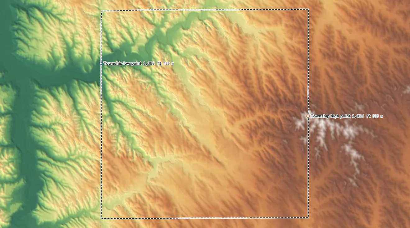 Topographic elevation map of Harrison Township, Nebraska, shaded from 1,380 ft on the northwest side to 1,920 ft on the east side