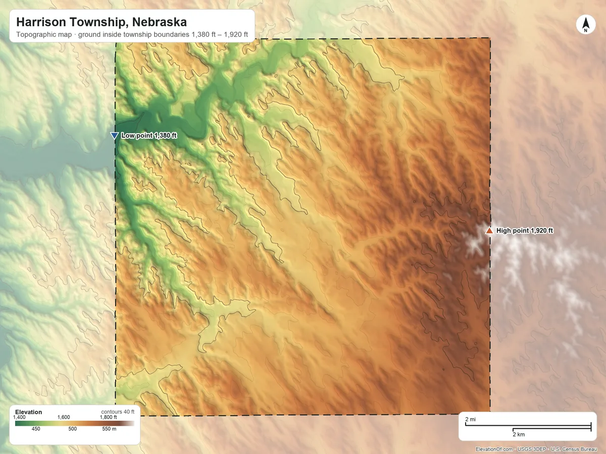 Topographic elevation map of Harrison Township, Nebraska, shaded from 1,380 ft on the northwest side to 1,920 ft on the east side