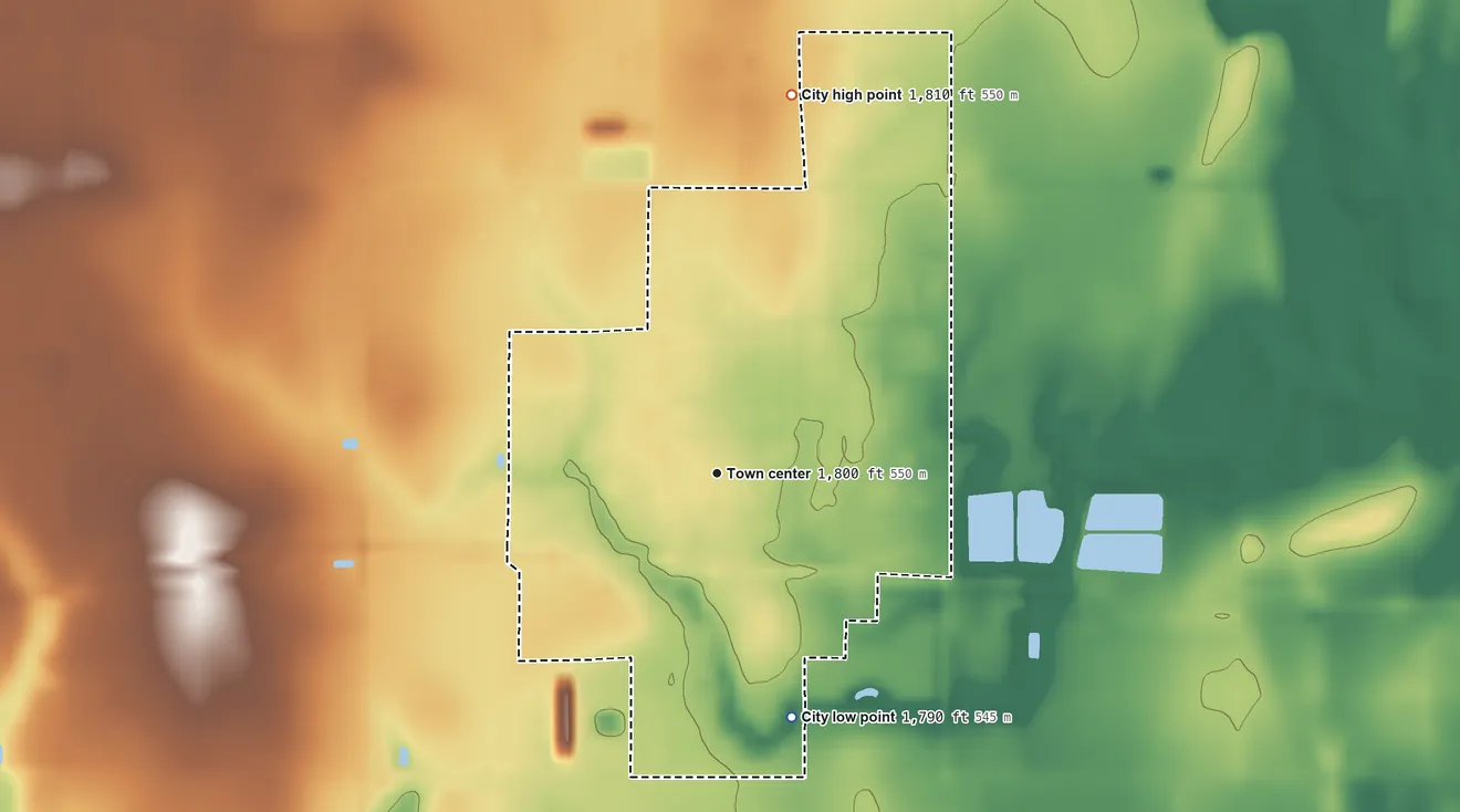 Topographic elevation map of Harvard, Nebraska, shaded from 1,790 ft on the south side to 1,810 ft on the north side