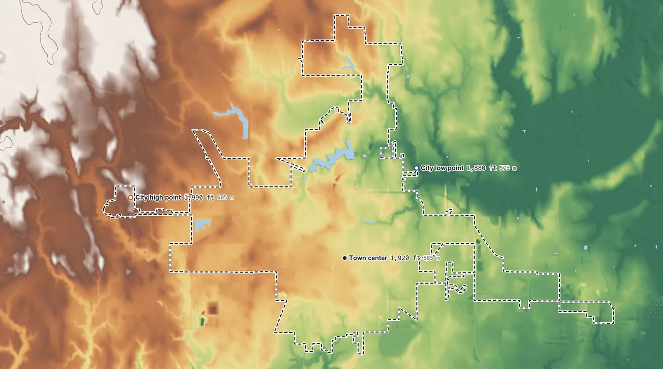 Topographic elevation map of Hastings, Nebraska, shaded from 1,880 ft on the northeast side to 1,990 ft on the west side