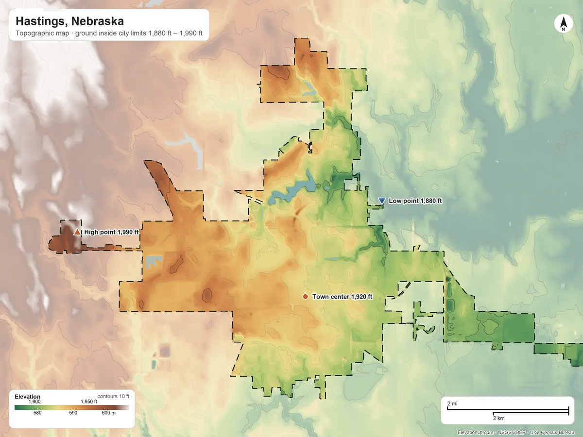 Topographic elevation map of Hastings, Nebraska, shaded from 1,880 ft on the northeast side to 1,990 ft on the west side