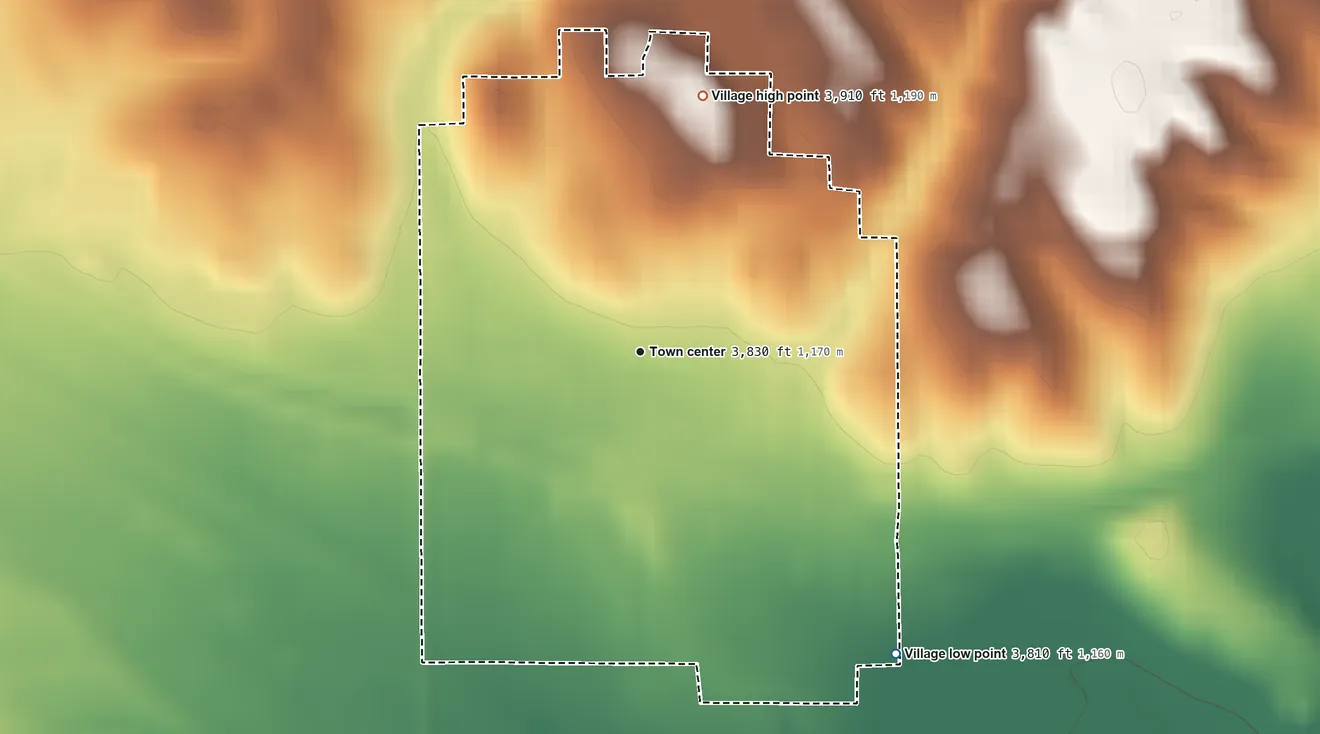Topographic elevation map of Hay Springs, Nebraska, shaded from 3,810 ft on the southeast side to 3,910 ft on the north side
