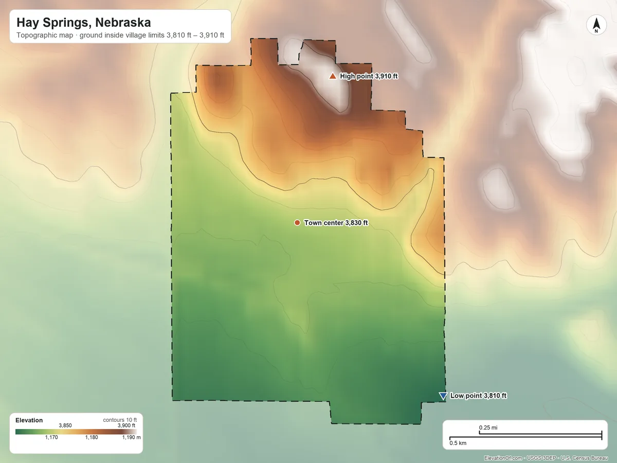 Topographic elevation map of Hay Springs, Nebraska, shaded from 3,810 ft on the southeast side to 3,910 ft on the north side