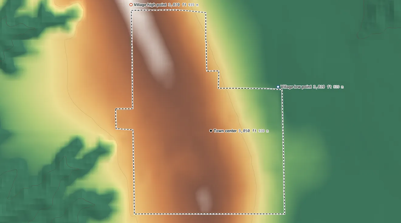 Topographic elevation map of Hayes Center, Nebraska, shaded from 3,020 ft on the northeast side to 3,070 ft on the northwest side