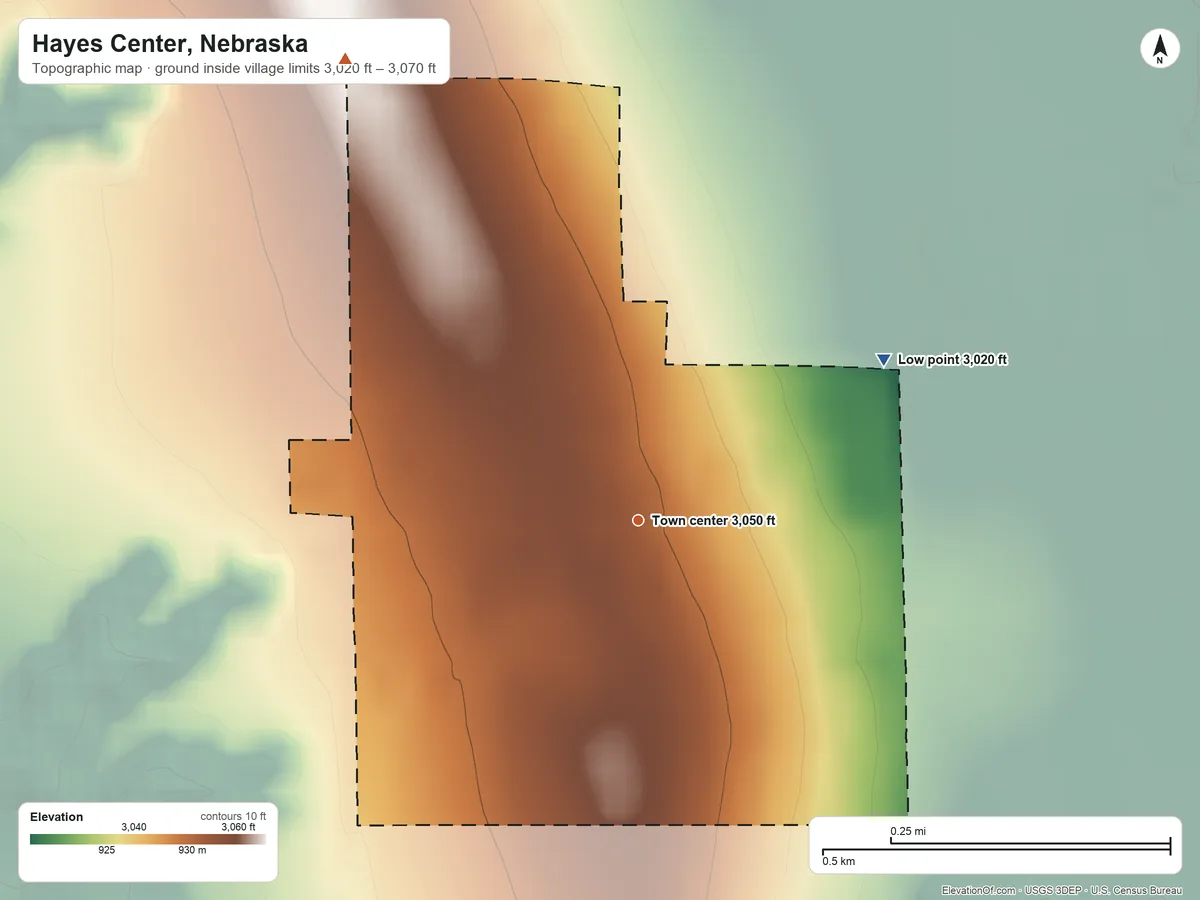 Topographic elevation map of Hayes Center, Nebraska, shaded from 3,020 ft on the northeast side to 3,070 ft on the northwest side