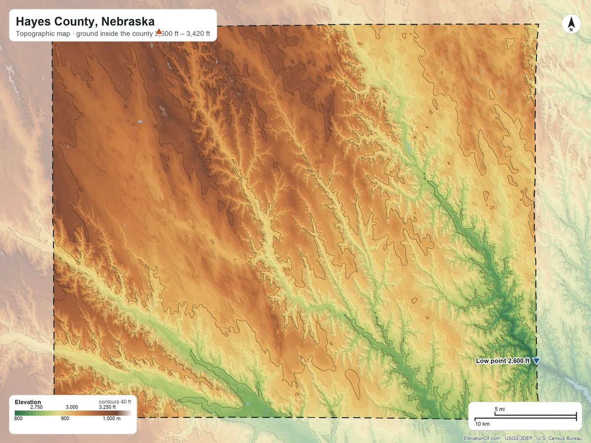 Topographic elevation map of Hayes County, Nebraska, shaded from 2,600 ft on the southeast side to 3,420 ft on the northwest side