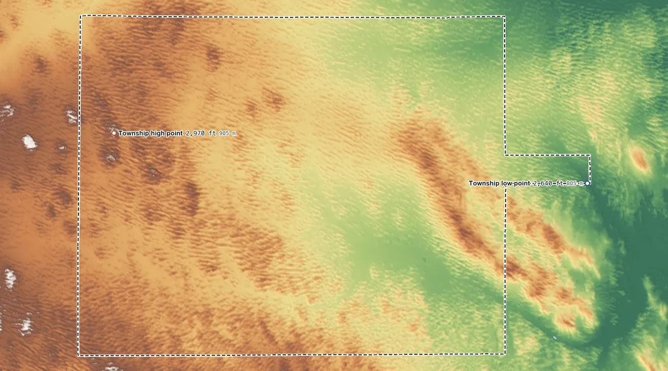 Topographic elevation map of Hayes Township, Nebraska, shaded from 2,640 ft on the east side to 2,970 ft on the west side