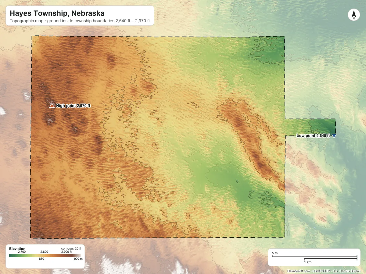 Topographic elevation map of Hayes Township, Nebraska, shaded from 2,640 ft on the east side to 2,970 ft on the west side