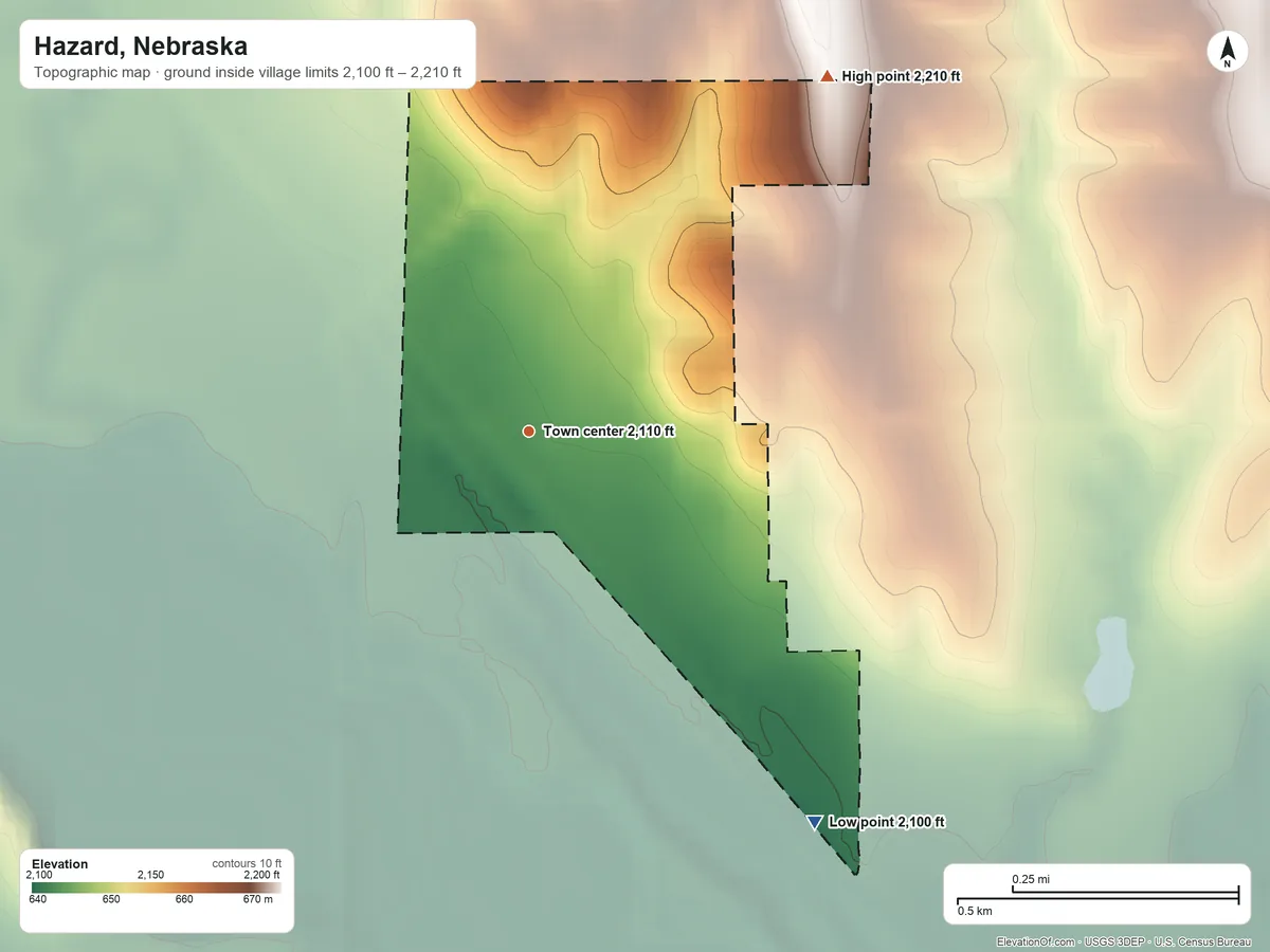 Topographic elevation map of Hazard, Nebraska, shaded from 2,100 ft on the southeast side to 2,210 ft on the northeast side