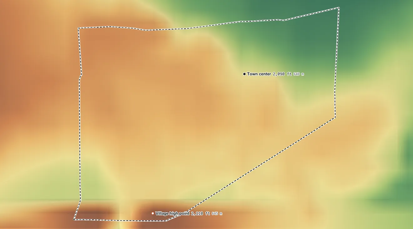 Topographic elevation map of Heartwell, Nebraska, shaded from 2,080 ft on the northeast side to 2,110 ft on the southwest side