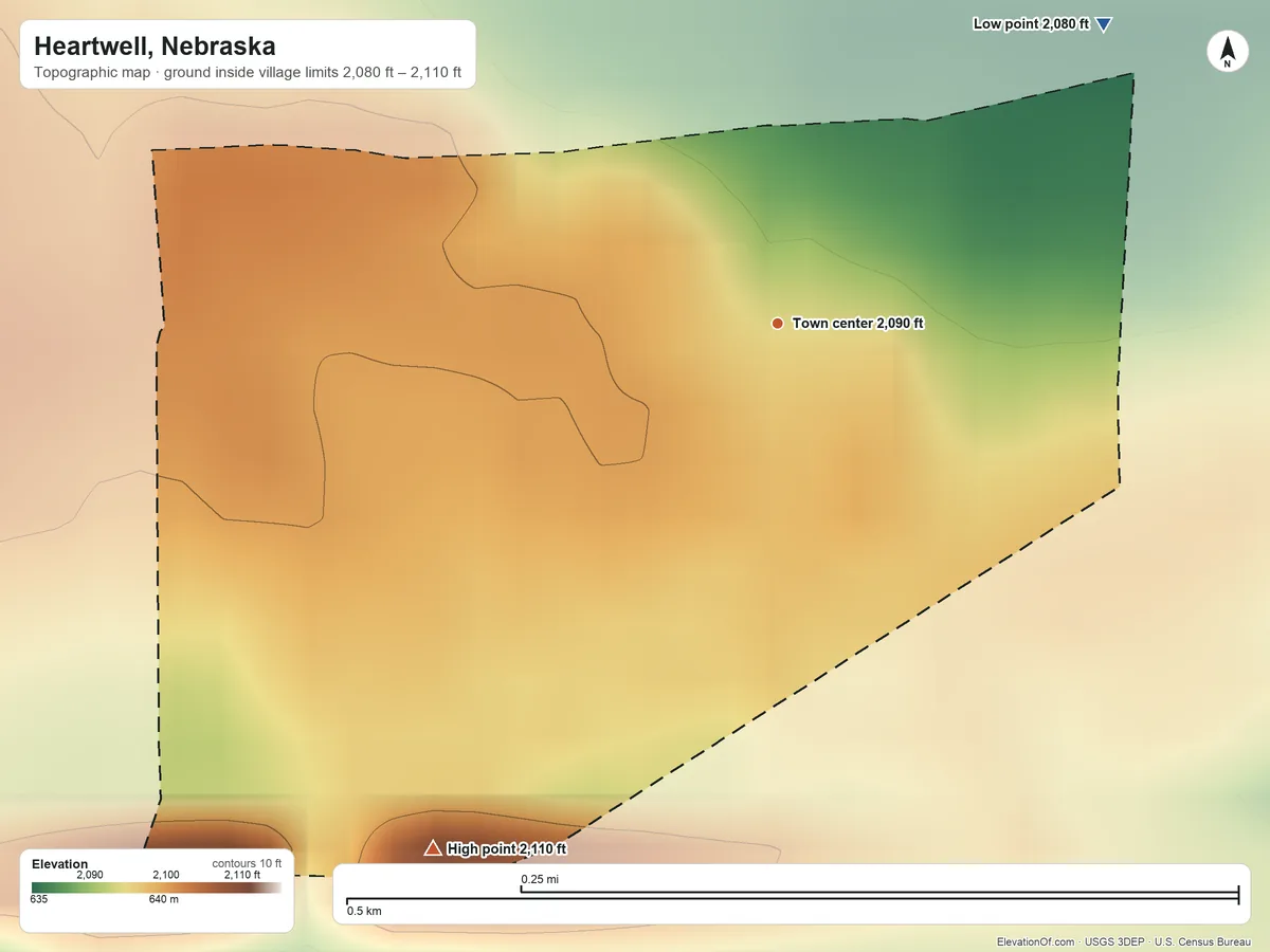 Topographic elevation map of Heartwell, Nebraska, shaded from 2,080 ft on the northeast side to 2,110 ft on the southwest side