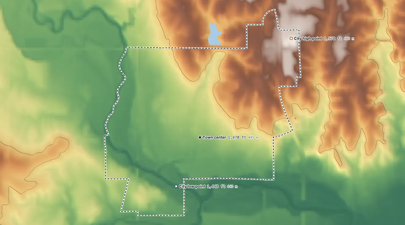 Topographic elevation map of Hebron, Nebraska, shaded from 1,440 ft on the southwest side to 1,570 ft on the northeast side
