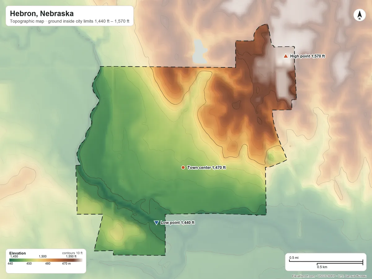 Topographic elevation map of Hebron, Nebraska, shaded from 1,440 ft on the southwest side to 1,570 ft on the northeast side