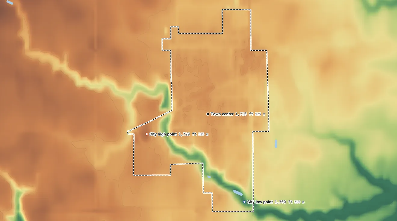 Topographic elevation map of Henderson, Nebraska, shaded from 1,700 ft on the southeast side to 1,720 ft on the west side