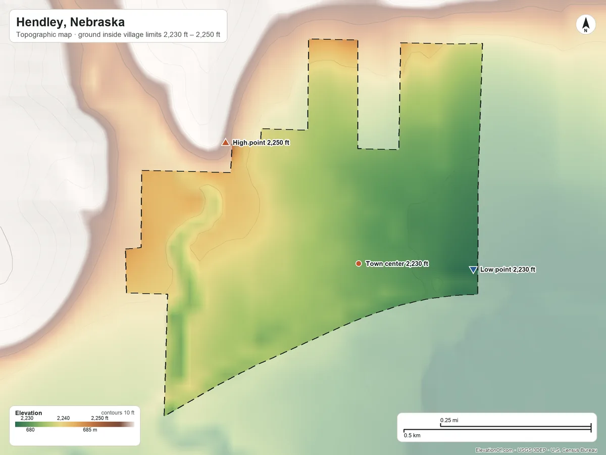 Topographic elevation map of Hendley, Nebraska, shaded from 2,230 ft on the east side to 2,250 ft on the northwest side