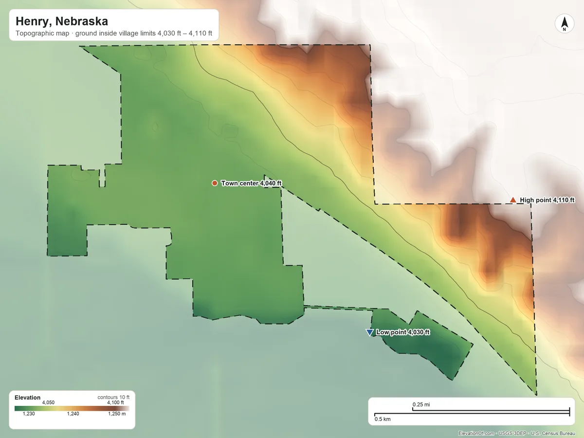 Topographic elevation map of Henry, Nebraska, shaded from 4,030 ft on the southeast side to 4,110 ft on the east side