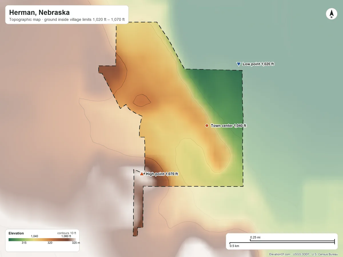 Topographic elevation map of Herman, Nebraska, shaded from 1,020 ft on the northeast side to 1,070 ft on the southwest side