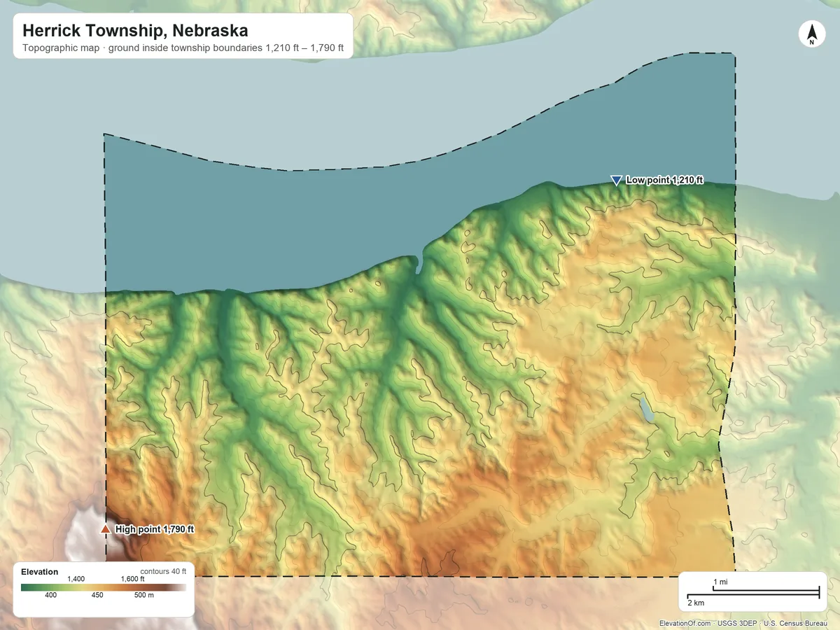 Topographic elevation map of Herrick Township, Nebraska, shaded from 1,210 ft near the middle to 1,790 ft on the southwest side