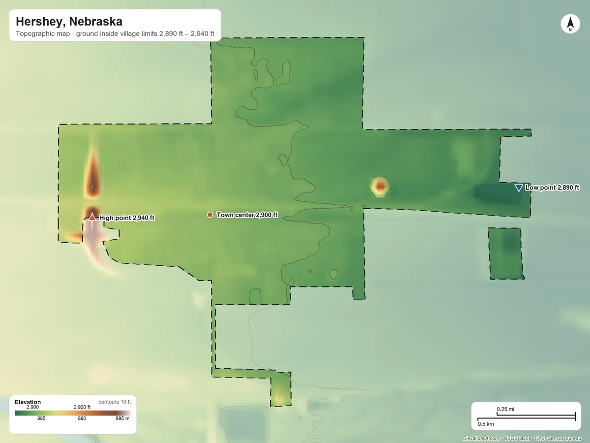 Topographic elevation map of Hershey, Nebraska, shaded from 2,890 ft on the east side to 2,940 ft on the west side