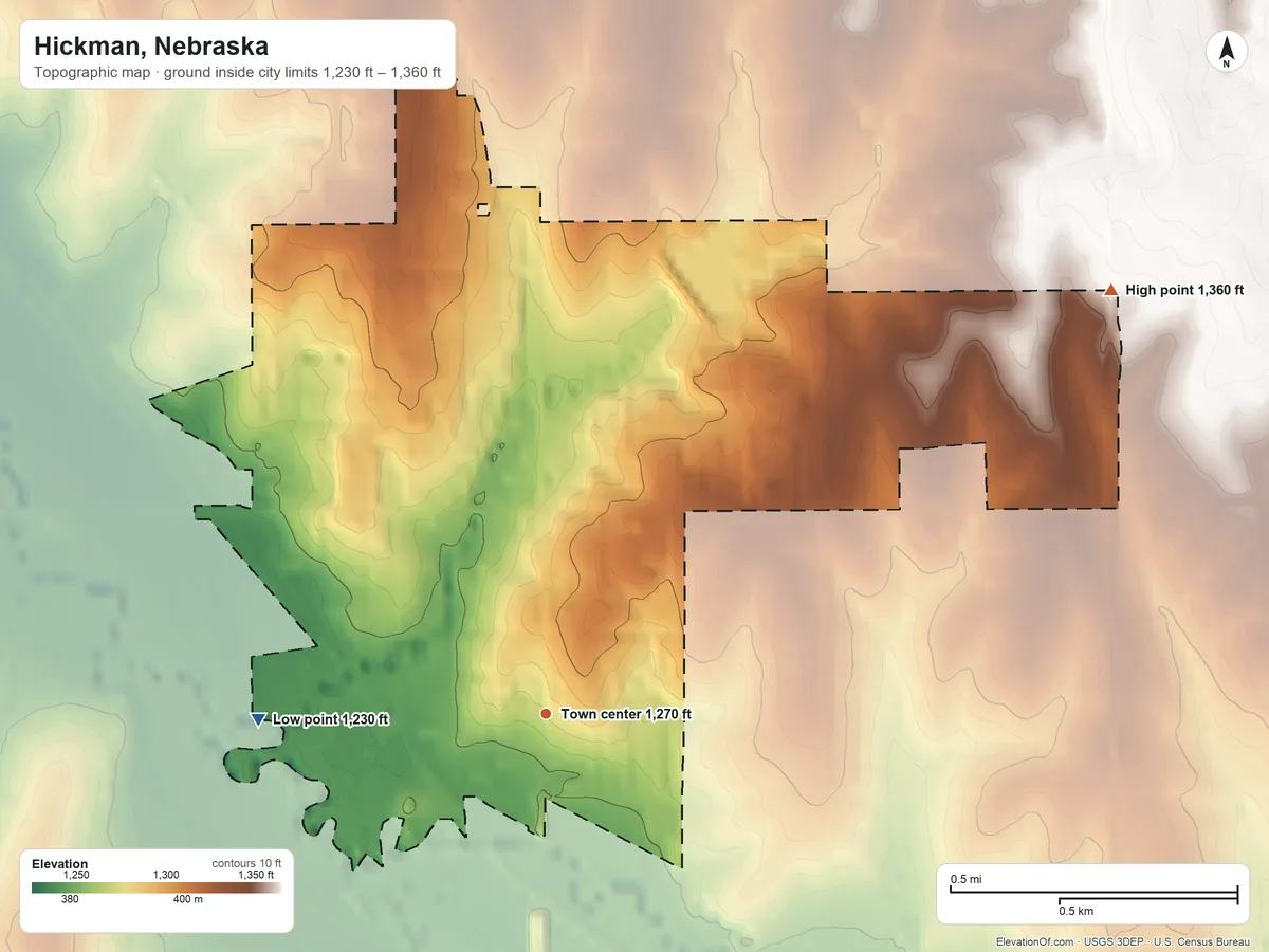 Topographic elevation map of Hickman, Nebraska, shaded from 1,230 ft on the west side to 1,360 ft on the northeast side