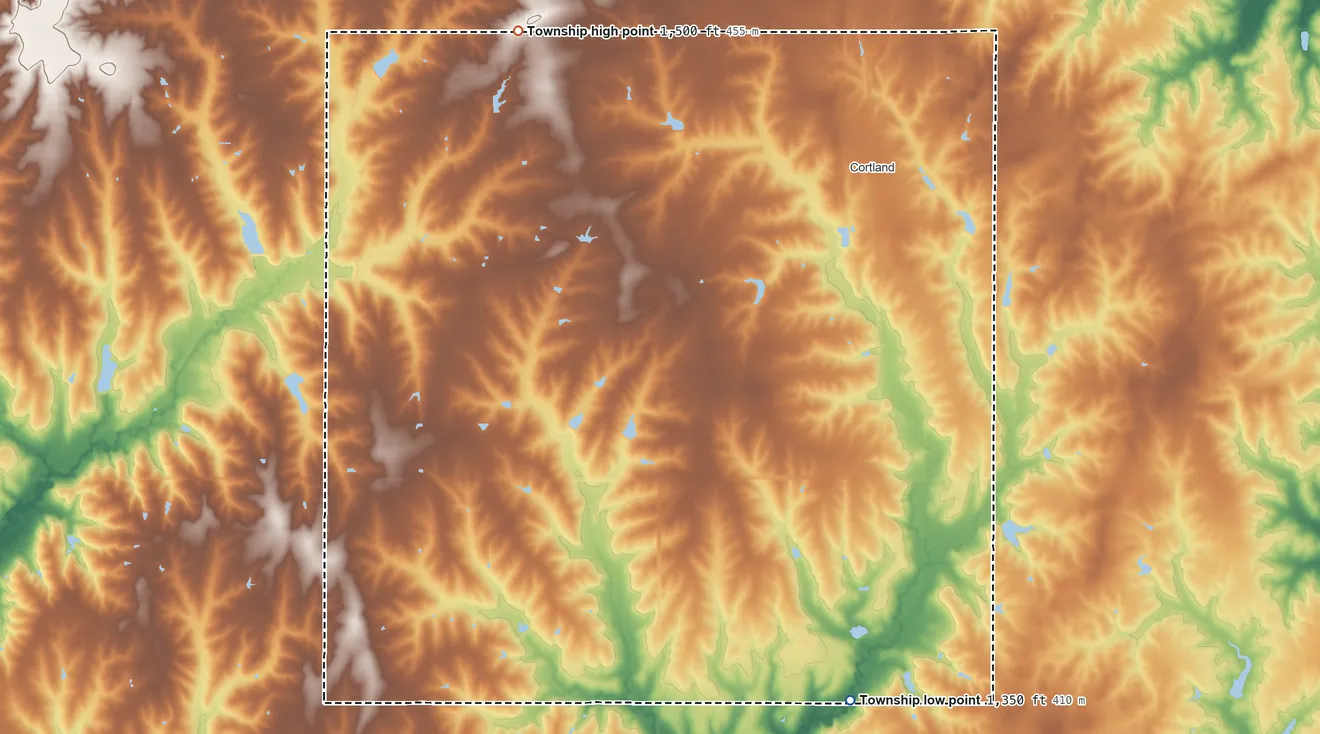 Topographic elevation map of Highland Township, Nebraska, shaded from 1,350 ft on the south side to 1,500 ft on the northwest side