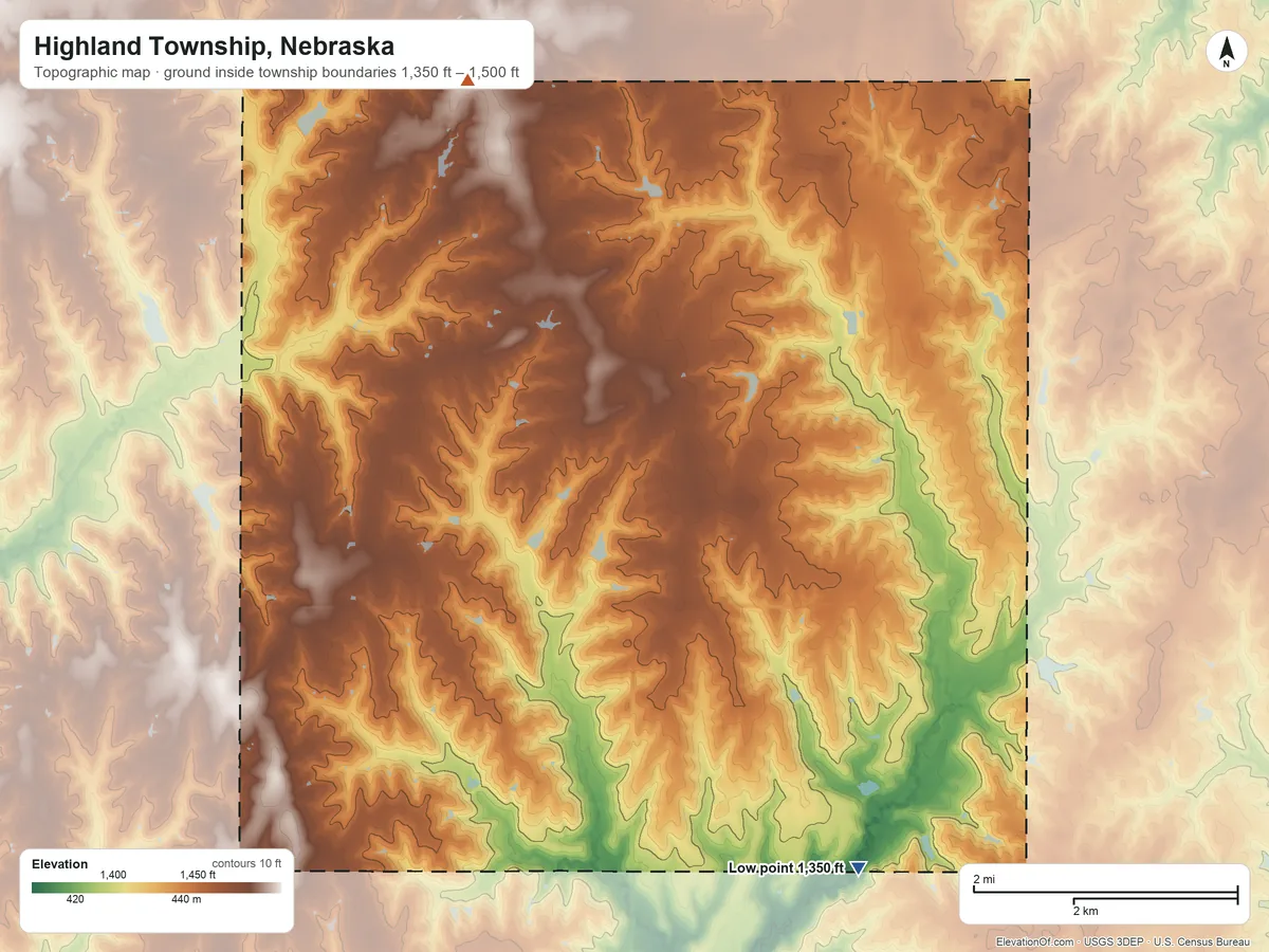 Topographic elevation map of Highland Township, Nebraska, shaded from 1,350 ft on the south side to 1,500 ft on the northwest side