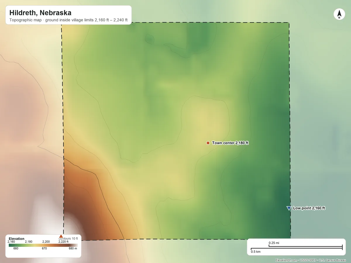 Topographic elevation map of Hildreth, Nebraska, shaded from 2,160 ft on the southeast side to 2,240 ft on the southwest side