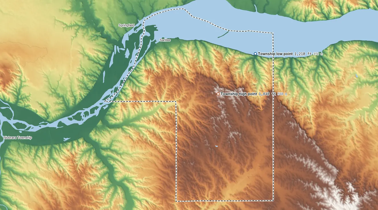 Topographic elevation map of Hill Township, Nebraska, shaded from 1,210 ft on the east side to 1,840 ft on the southeast side