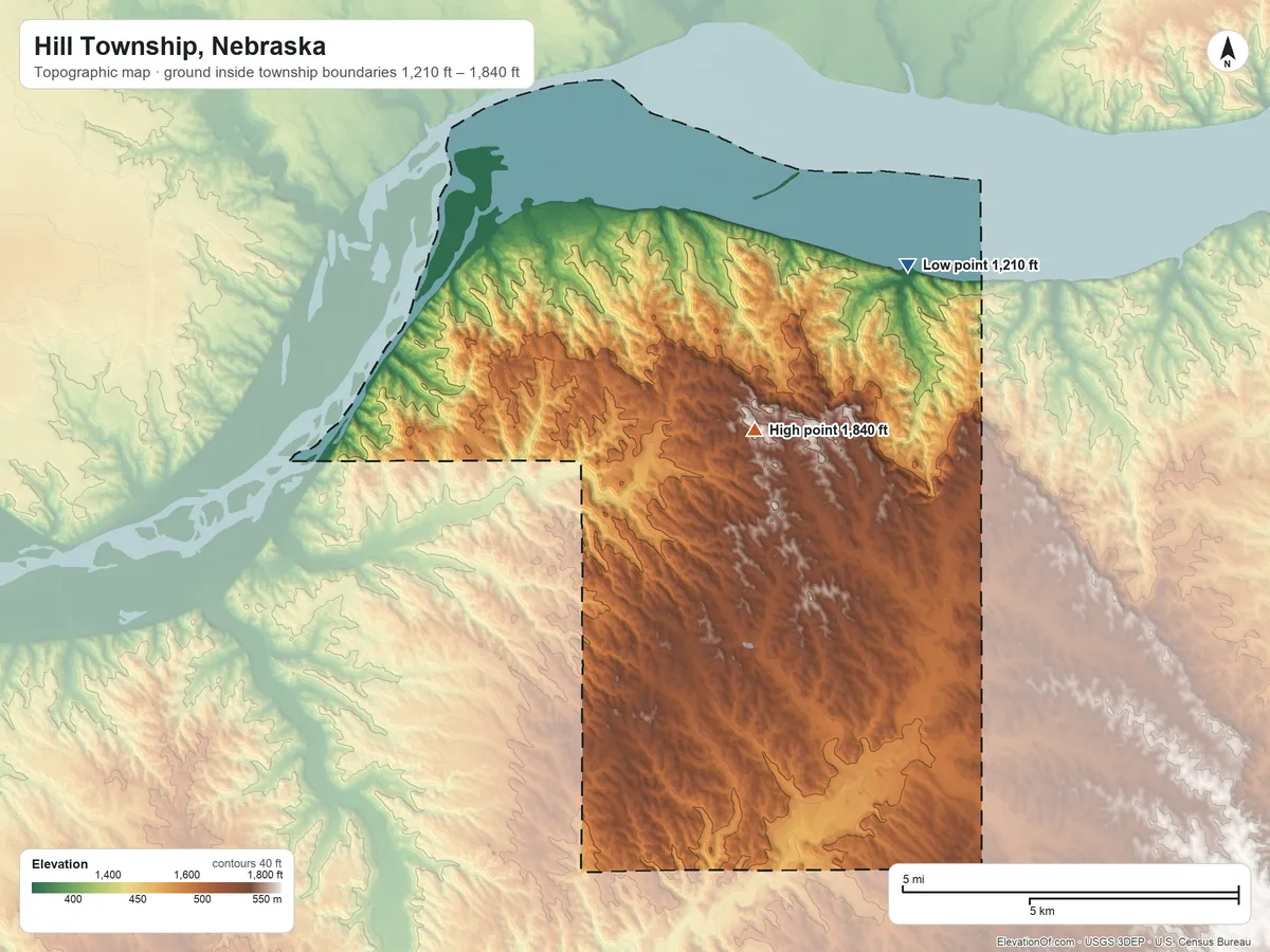 Topographic elevation map of Hill Township, Nebraska, shaded from 1,210 ft on the east side to 1,840 ft on the southeast side