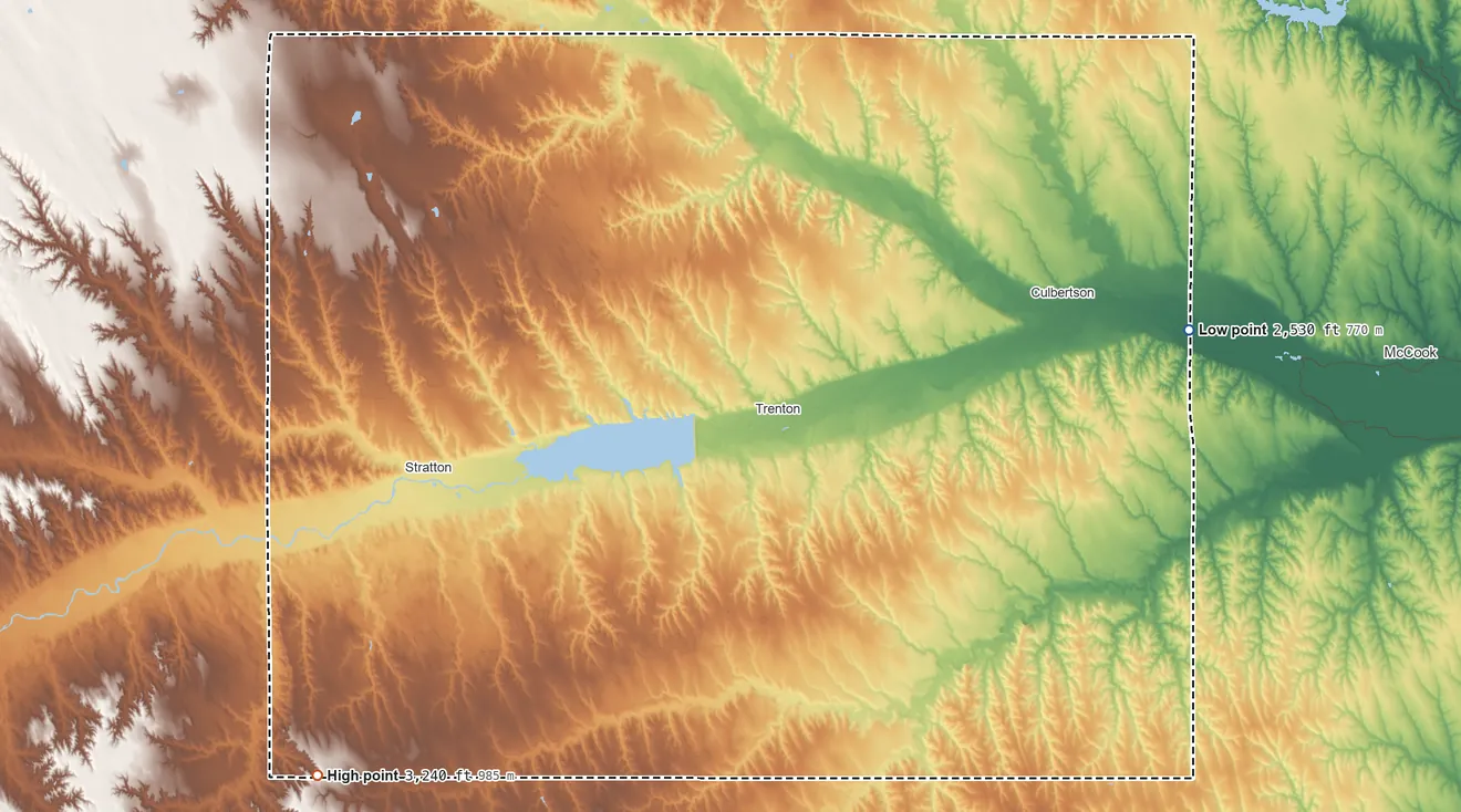 Topographic elevation map of Hitchcock County, Nebraska, shaded from 2,530 ft on the east side to 3,240 ft on the southwest side